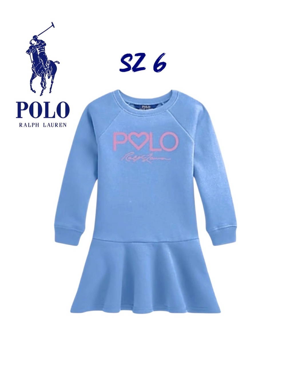 Polo Ralph Lauren Girls Blue & Pink Fleece Sweatshirt Drop-Waist Dress SZ 6 Hear